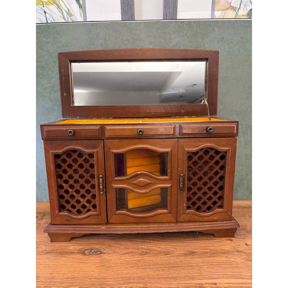Unique Vintage Wood Jewelry Box Armoire Orange Velvet Lining Lattice Doors